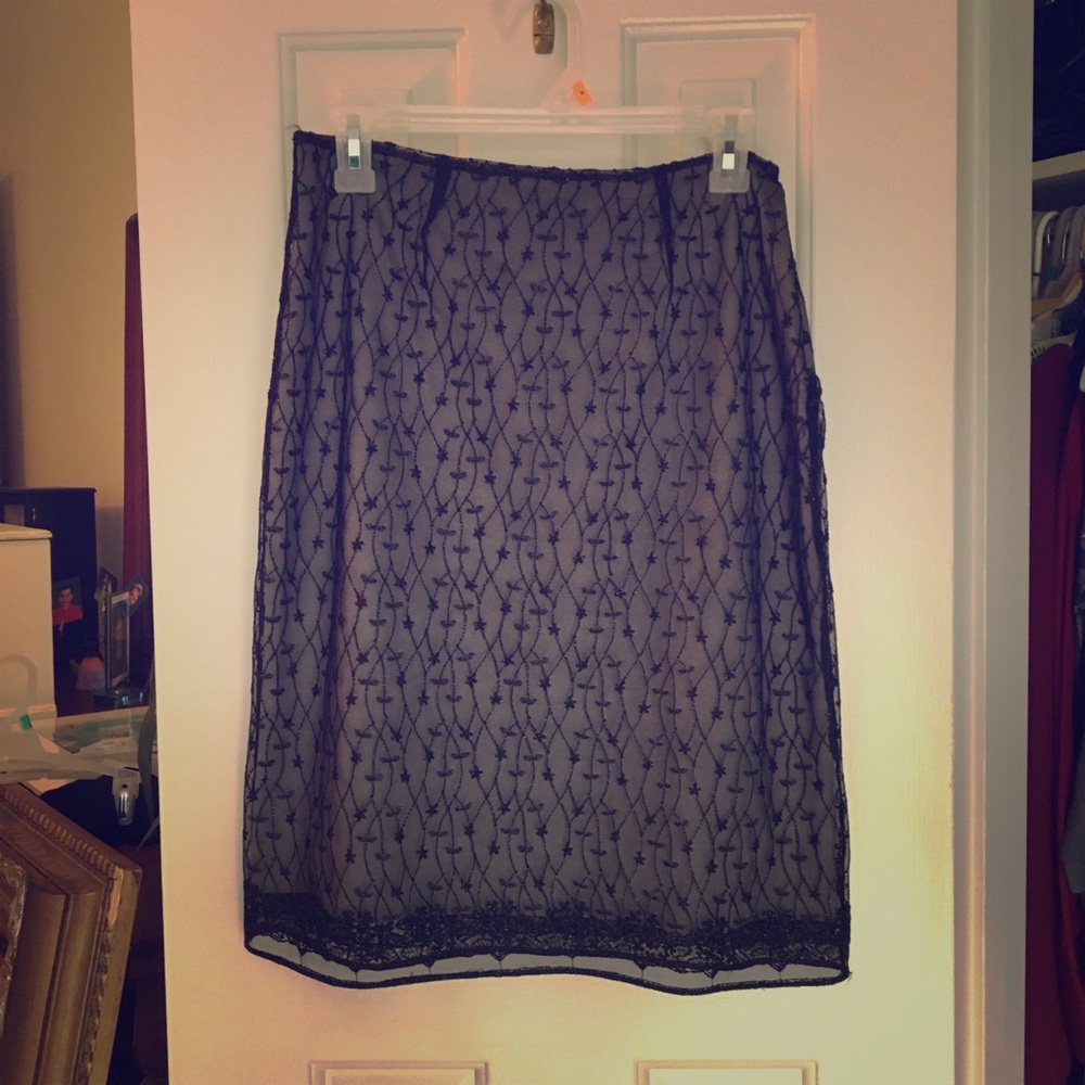 Black Shimmery Sheer Lined Lace Pencil Skirt